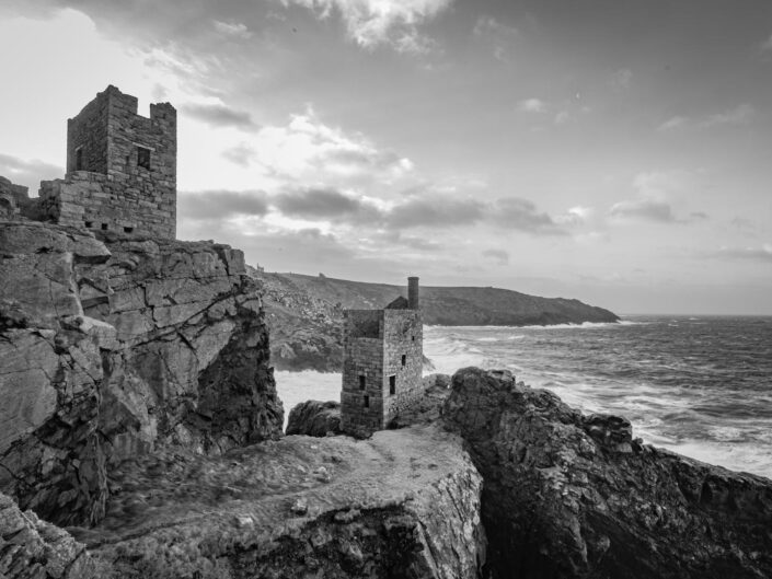 Black and White Photograph of the back of Botallack's Crown Mine Engine Houses
