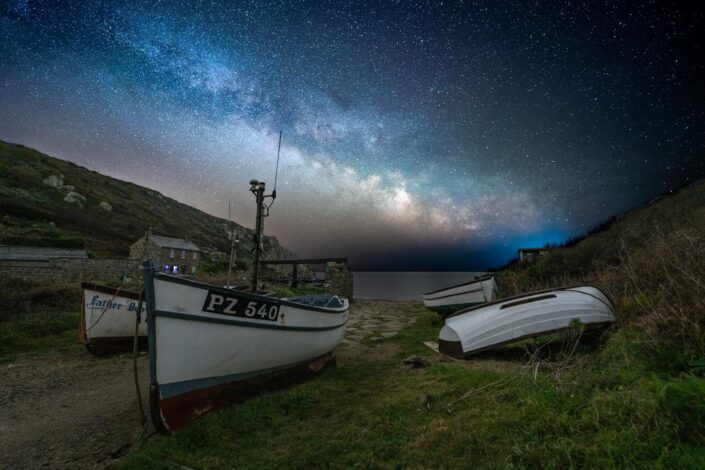 Fishing boats lying under the stars in the small fishing cove of Penberth in west Cornwall