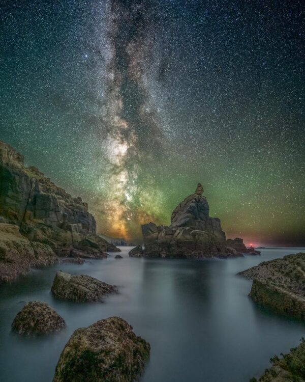 The sea stack of the Irish Lady, Sennen, Cornwall, under the milky way.